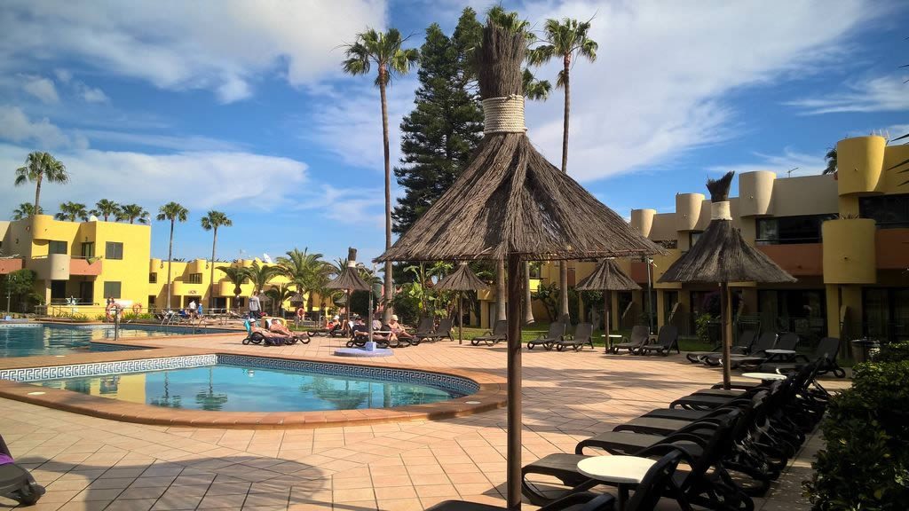 Outdoor swimming pool with sun loungers and thatched parasols in a yellow resort complex with palm trees under a blue sky in Fuerteventura